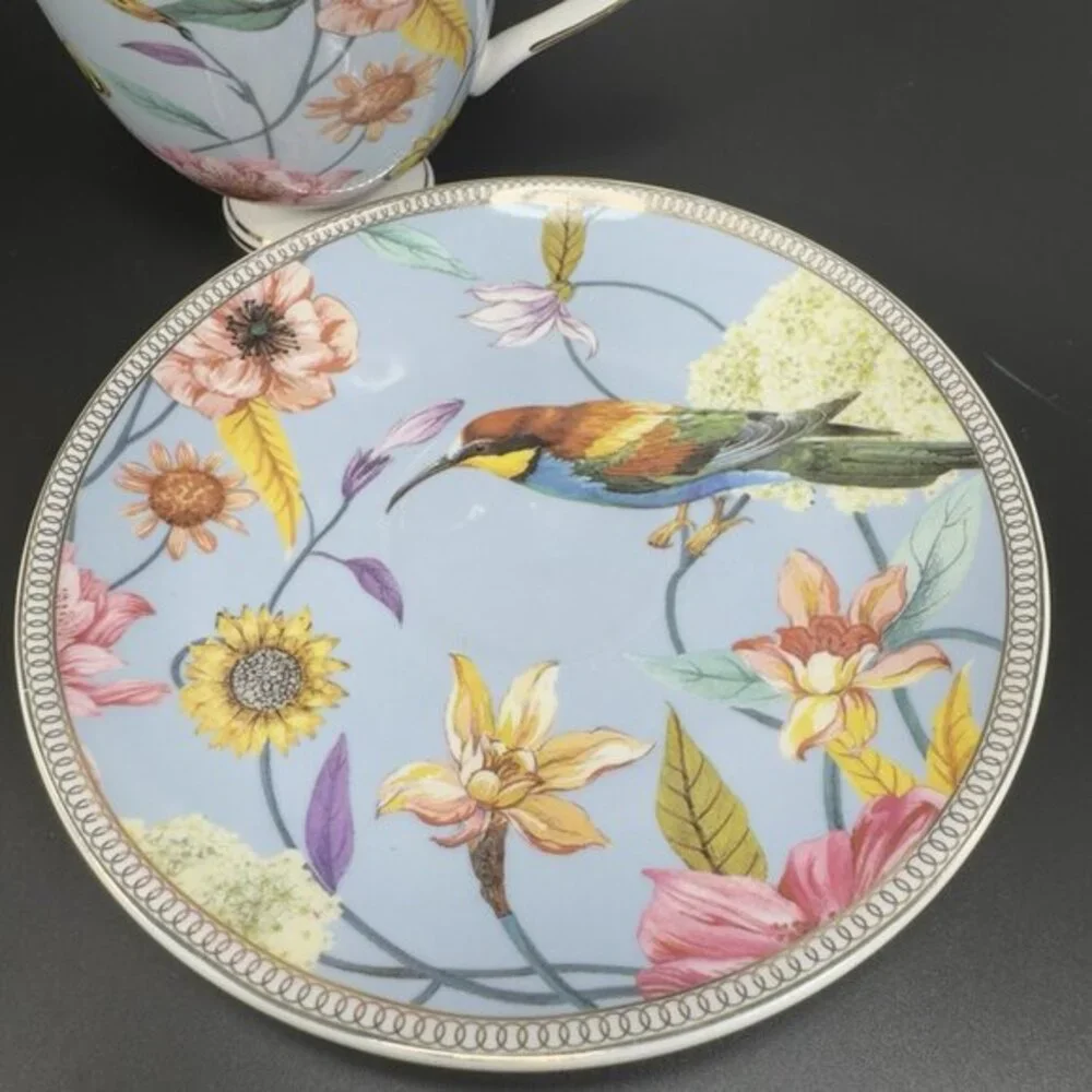 Shabby Chic Fine Porcelain Teacup And Saucer‎ Set Tea Cup Plate Blue Floral Bird